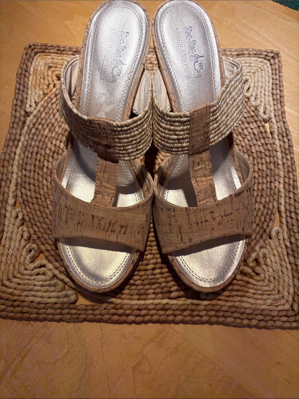 NWOT COACH Neutral Cork-Style T-Strap Wedge Sandals